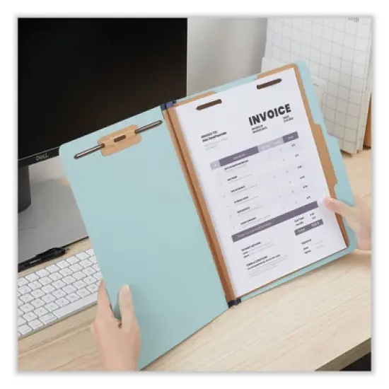 Universal Four-Section Pressboard Classification Folders, 1.75" Expansion, 1 Divider, 4 Fasteners, Letter Size, Light Blue, 20/Box image {2}