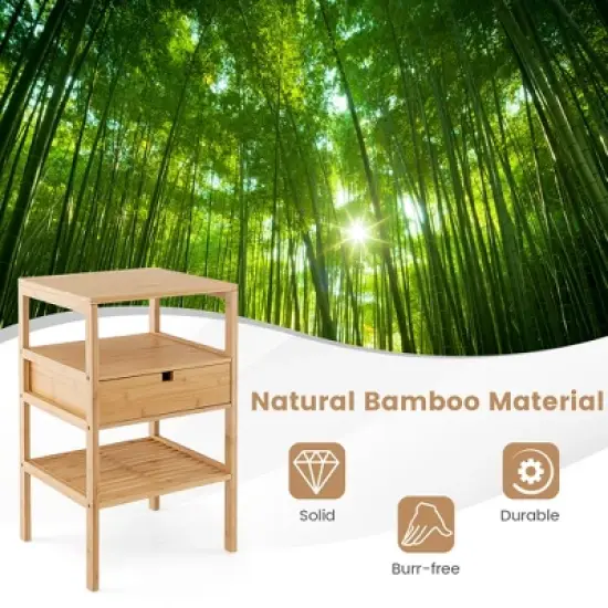 Tangkula Bamboo Nightstand w/ Pull-out Drawer & Storage Shelf Wood Natural image {4}