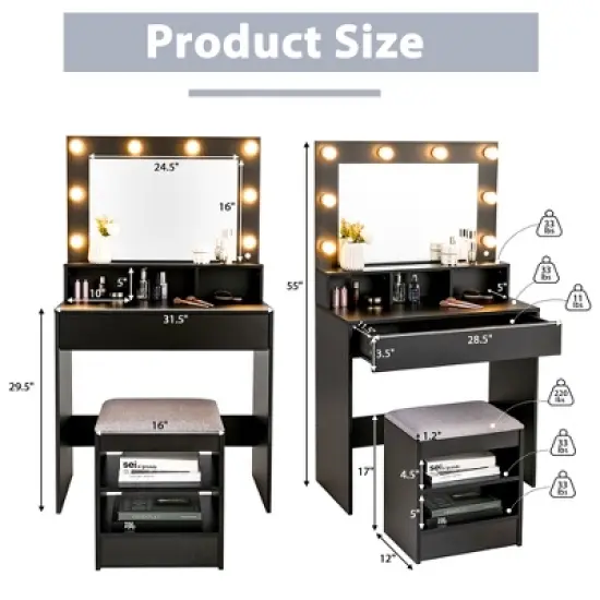 Costway Vanity Table Set with Lighted Mirror 8 LED Bulbs Large Drawer Cushion Stool image {1}