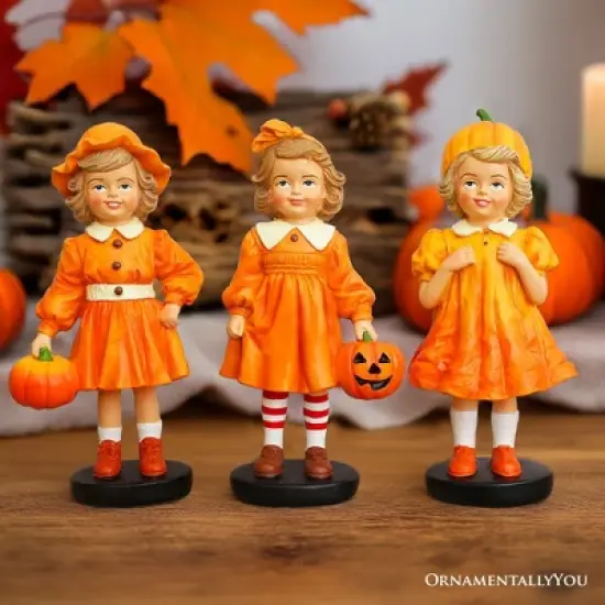 Inviting Pumpkin Girl Trio Set of Figurines, 6" Victorian Autumn Fall and Halloween Table Decoration| OrnamentallyYou image {9}