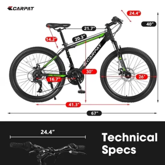 NAYSAYE Bicycle 26 Inch Mountain Bike 21 Speeds Mechanical Disc Brakes for Off Road Adventures, Green, 71"*25"*39.3" image {4}