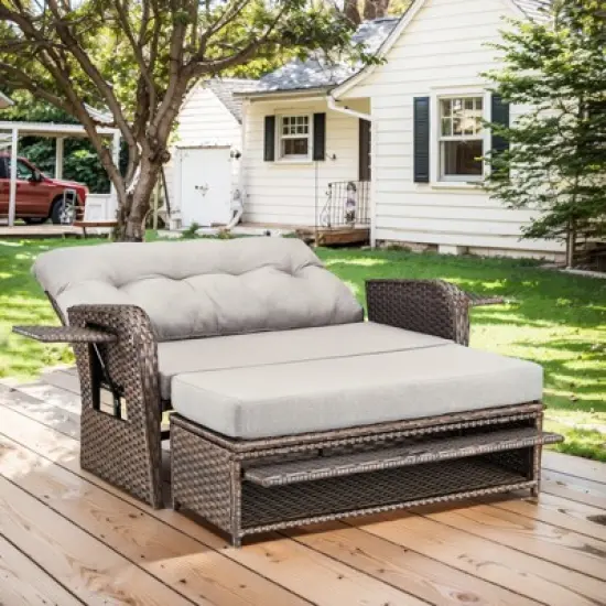 Patio Rattan Daybed Set with Cushioned Loveseat and Ottoman, Outdoor Double Chaise Lounger with 4-Level Adjustable Backrest and Retractable Side Trays image {1}