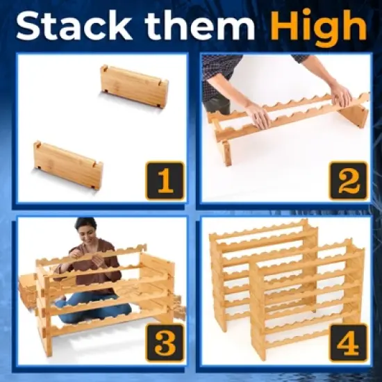 NutriChef 12-Tier Wine Shelf - 108 Bottle Capacity, Solid Bamboo Construction, Adjustable Shelves, Space-Saving Design image {6}