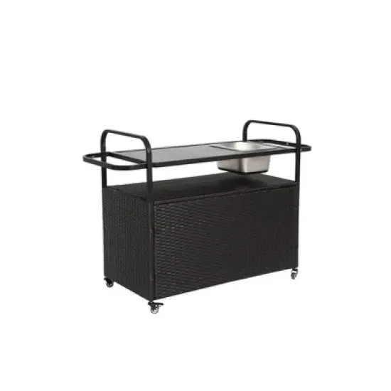 Anybear Patio Bar Table, Wicker Bar Cart with Cabinet, one ice bucket,Lockable Wheels, Side Basket for Garden, Poolside & Backyard, Black image {3}