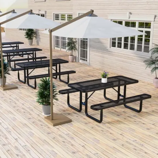 Costway 72" Coated Steel Camping Table with Seats Outdoor Picnic Table & Bench Set for 8 Black image {4}