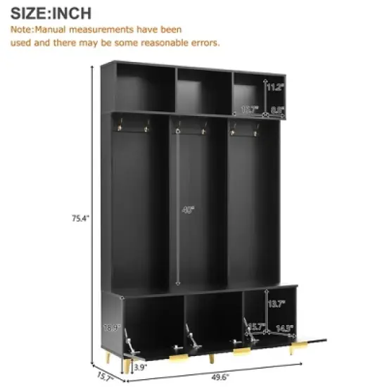 TIRAMISUBEST Modern Hall Tree with Storage Bench & 6 Gold Hooks - Entryway Organizer, High Gloss Fluted Doors, Black image {2}