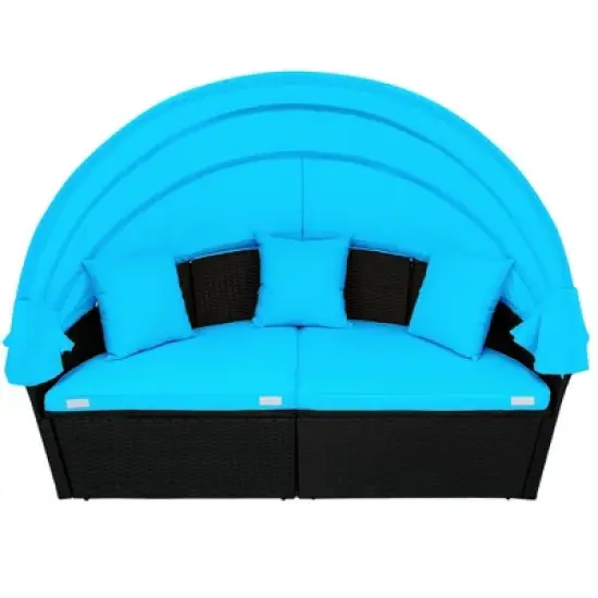 6pc Wicker Round Outdoor Sectional Set with Cushions - Black/Blue - GODEER image {15}