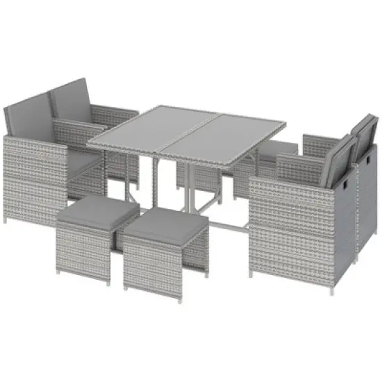 Outsunny 9 Piece Patio Wicker Dining Sets, Space Saving Outdoor Sectional Conversation Set, with Dining Table, Ottoman image {8}