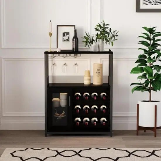 3-Tier Industrial Wine Bar Cabinet with Detachable Wine Rack, Drawer, Glass Holder & Mesh Doors Durable Sideboard and Buffet Storage, Brown image {5}