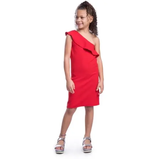24seven Comfort Apparel Girls Solid Color One Shoulder Ruffle Knee Length Dress image {6}