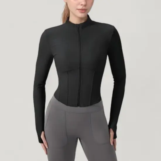 Anna-Kaci Active Women's Long Sleeve Zip-Up Cropped Active Jacket with Thumbhole Cuffs and Slim Fit Design image {8}