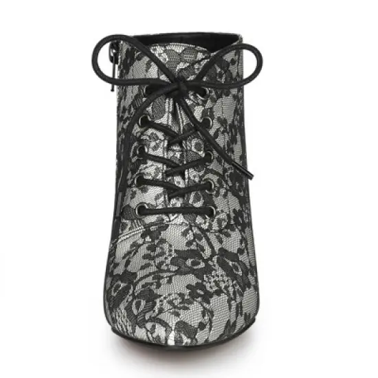 Allegra K Women's Pointed Toe Lace Up Stiletto Kitten Heel Lace Booties image {1}