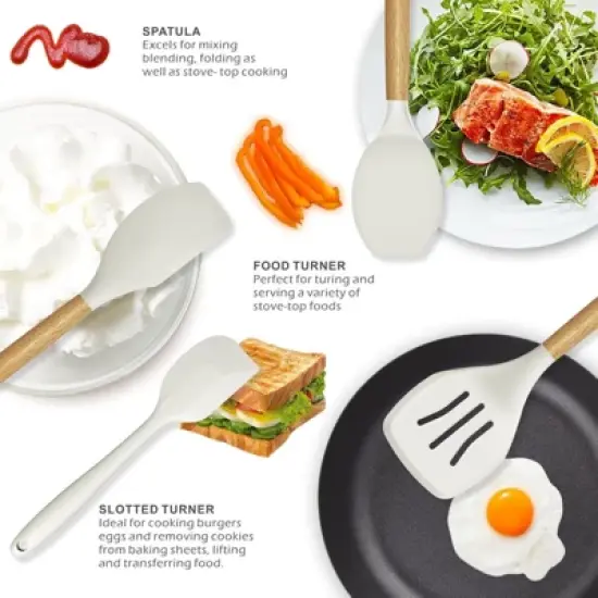 BRINJOY Silicone Cooking Utensil Set - Heat Resistant 446&iexcl;&atilde;F Non-Stick Kitchen Tools with Wood Handles & Holder, BPA-Free (Cream White) image {2}