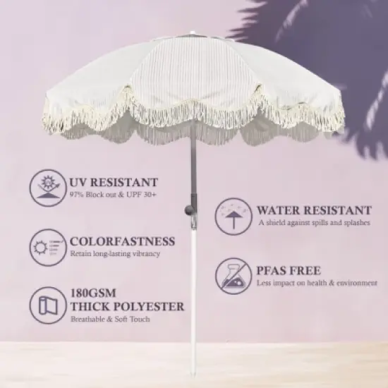 LAGarden 6Ft Fringe Patio Umbrella with Push Button Tilt Carry Bag UV30+ Outdoor Beach Yard Pool Party Deck Purple Stripe image {6}