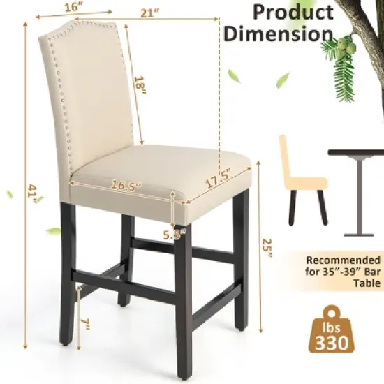 Costway Set of 4 Upholstered Bar stools 25'' Bar Height Chairs with Rubber Wood Legs Grey/Beige image {4}