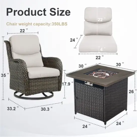 Belord Patio Swivel Chair Set of 4 with 30" Propane Fire Pit Table, Patio Furniture Set with High Back Swivel Rocker Patio Chairs and Firepit Table image {8}