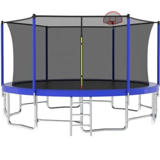 HFYee 8/10/12/14/10*16FT Backyard Trampoline Basketball Kit with Bonus Balls & Safety Enclosure for Ages 8+, Blue image {10}