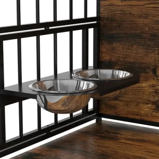 Furniture Style Large Dog Crate with 360&deg; & Adjustable Raised Feeder for Dogs 2 Stainless Steel Bowls -End Table House Pad image {6}