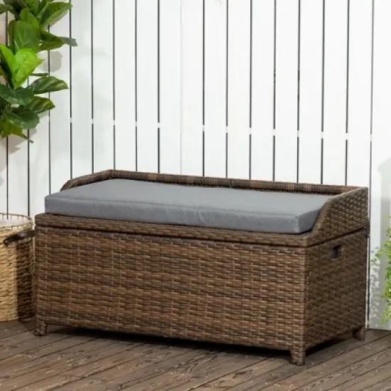 Outsunny Storage Bench Rattan Wicker Garden Deck Box Bin with Interior Waterproof Bag and Comfy Cushion, Gray image {2}