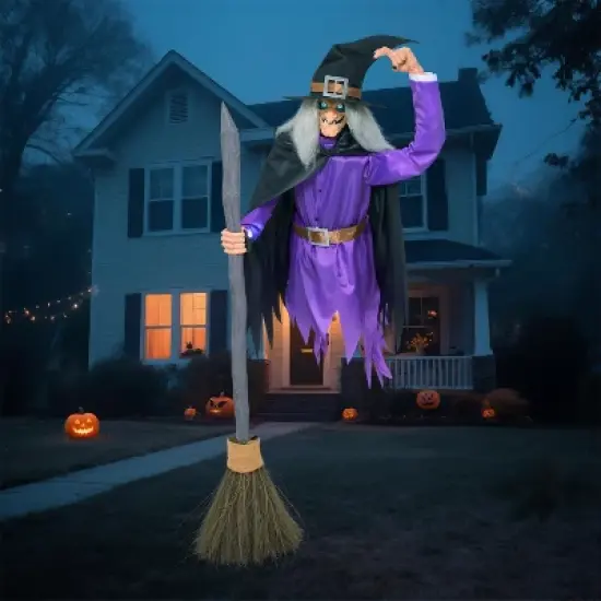 Joyfy 96'' Halloween Outdoor Decorations, Animated Flying Witch on Broom with Light Eyes and Scary Voice for Outside Yard Lawn Haunted House Decor image {11}