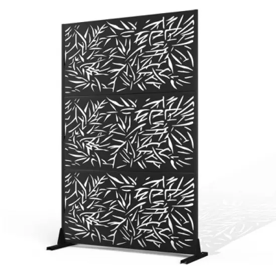 TOAOTBNBO Metal Privacy Screen with Stand, Decorative Privacy Fence Panels with Bamboo Leaf Pattern, Outdoor Privacy Screen for Garden, Black image {1}