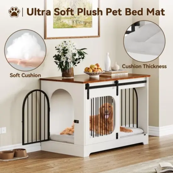 39.4'' Wooden Dog Crate Furniture TV Stand, Dog Kennel for Small/Medium/Large Dogs, End Side Table Dog Crates with Soft Cushion, Arched Door Design image {6}