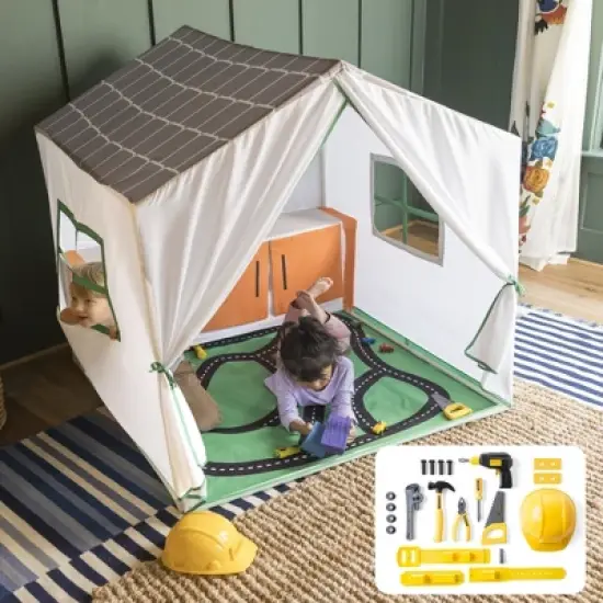 HearthSong 50-Inch Pretend-Play Fabric Garage and Tool Workshop with 19-Piece Pretend-Play Tool Set image {1}