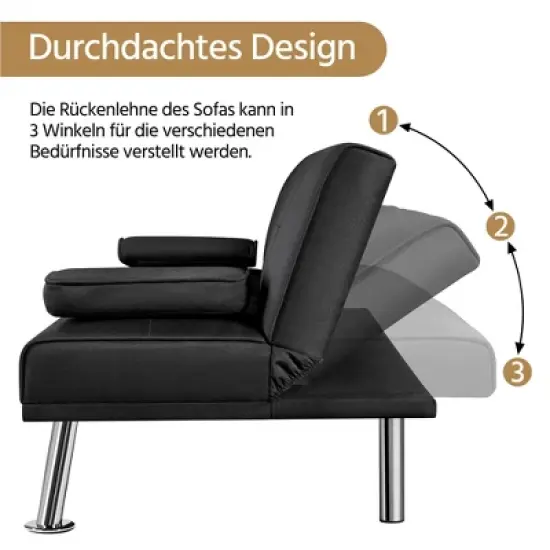 Yaheetech Convertible Futon Sofa Bed Tufted Fabric Futon with Cupholders and Pillows image {3}