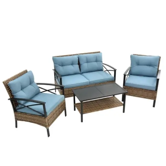FIONECA 4-Piece Patio Sectional Low Dining Conversation Sofa Set, Rattan Wicker Outdoor Corner Furniture with Cushions image {2}
