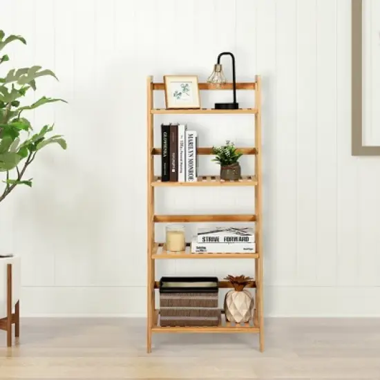 Costway 4-Tier Bamboo Ladder Shelf Multipurpose Plant Display Stand Storage Bookshelf image {2}