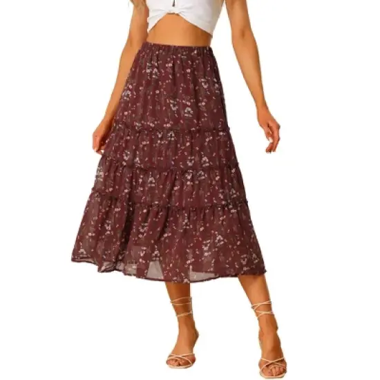 Allegra K Women's Floral Elastic Waist Tiered Ruffle Boho Midi Skirts image {6}