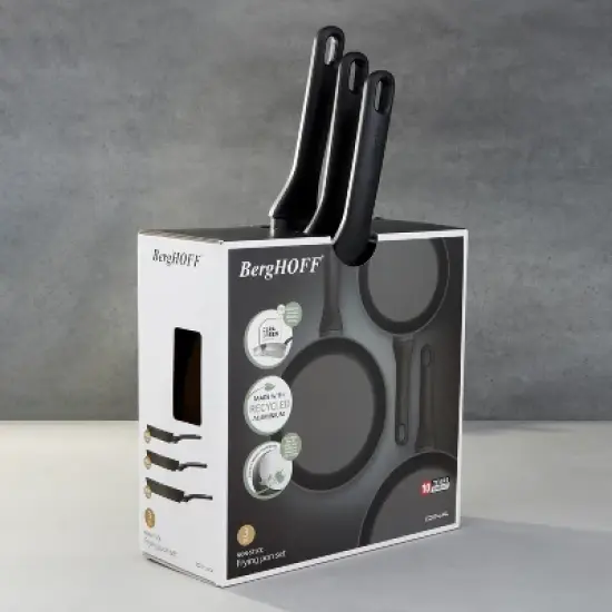 BergHOFF Helix 3Pc Nonstick Ceramic Frying Pan Set, Recycled Aluminum, Black image {6}