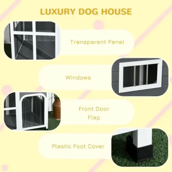 PawHut Cabin-Style Wooden Dog House for Large Dogs Outside with Openable Roof & Giant Window, Big Dog House Outdoor & Indoor, Dog Furniture, Gray image {4}