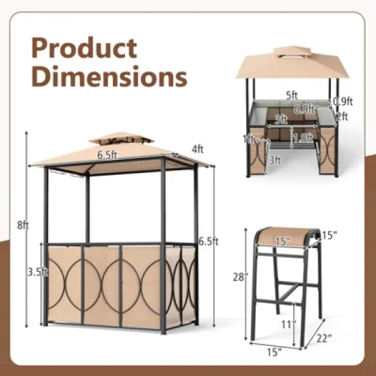 Costway 6.5 x 4 x 8 FT Grill Gazebo Set with 2 Bar Stools, Tempered Glass Bar Table Brown/Gray image {2}