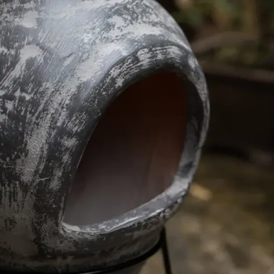 Vintiquewise Indoor and Outdoor Stoney Grey Clay Chimenea Scribbled Design Fire Pit with Metal Stand image {4}