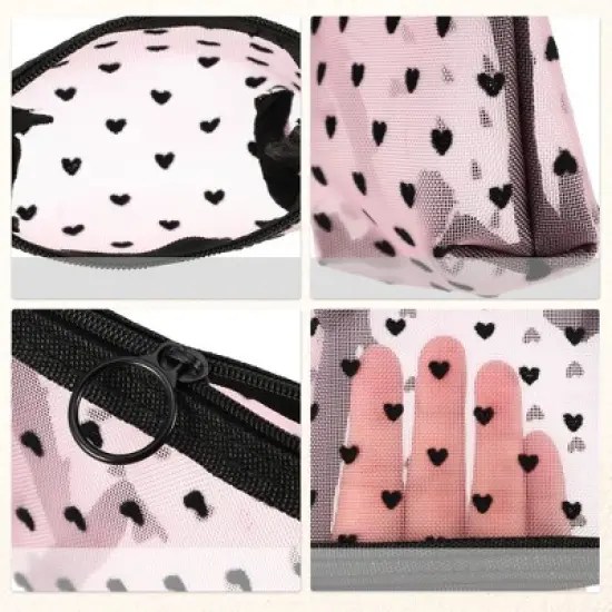 Unique Bargains Heart Shape Print Mesh Makeup Bag Black Beige Pink 6 Pcs image {5}