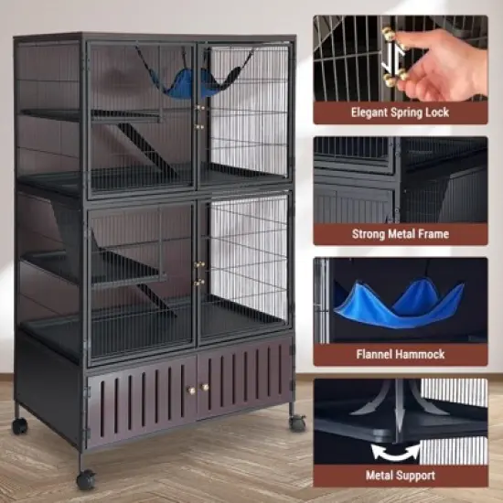 60" 5-Tier Ferret Cage, Multi-Level Chinchilla Cage with Lockable Doors, Ramps, Hammock, Wheels, Storage Cabinet, Small Animal Habitat image {5}