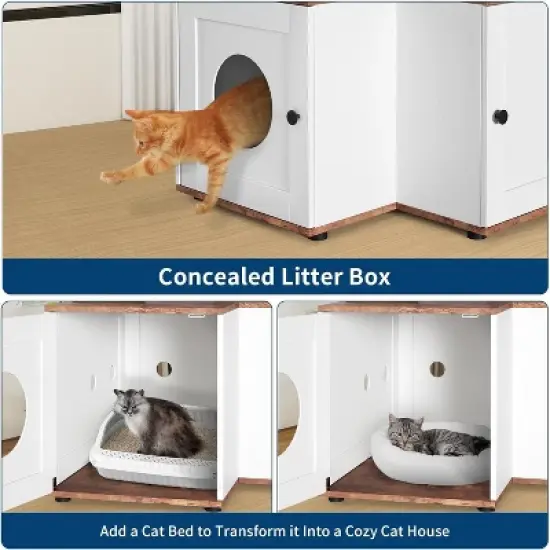 Cat Litter Box Enclosure with Storage,Hidden Wooden Pet Furniture Cabinet with Scratching Post,Toy Balls & Privacy House Corner Space-Saving Design image {4}