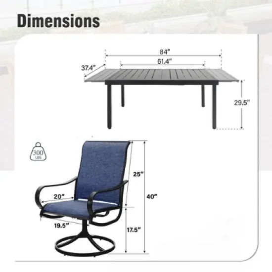 Captiva Designs 9pc Patio Dining Set with Slat-top Adjustable Steel Rectangle Table & Textilene Swivel Chairs image {11}