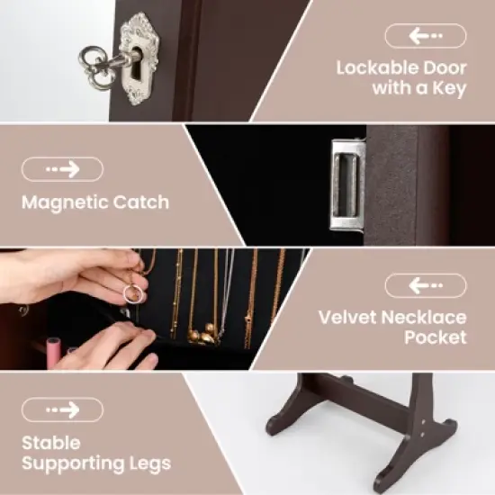 Tangkula Lockable Lighting Mirrored Jewelry Cabinet Dressing Storage Box with LED lights Brown image {4}