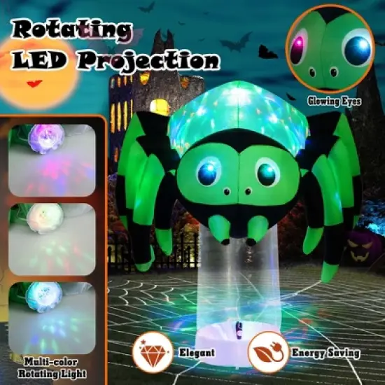 Costway 6 ft Halloween Inflatable Spider Pre-Lit Floating Spider Decoration w/ 3-Color Rotating Light Blow up Decoration w/ Stakes & Water Bags image {4}