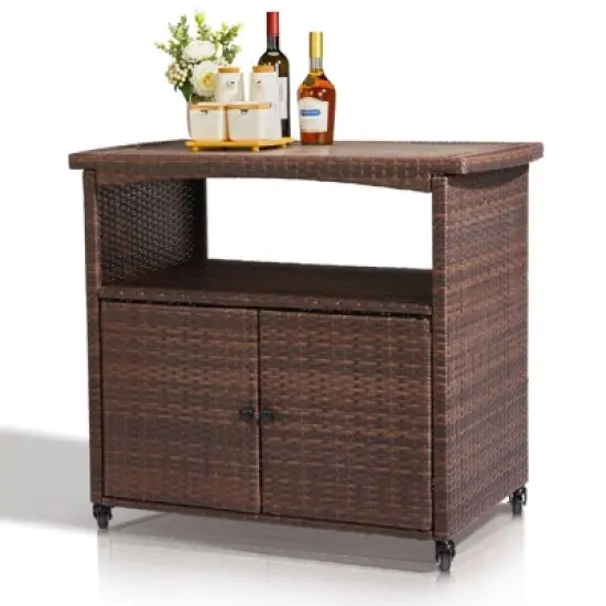 Karl Home Brown Rattan Bar Table With Wheels image {9}