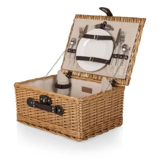 Picnic Time Classic Picnic Basket with Beige Canvas: Wicker Set, Solid Pattern, Handles & Side Pockets, 12 Pieces image {5}