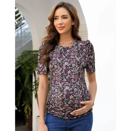 Coolmee Women Summer Maternity Shirts Puff Short Sleeve Floral Print Round Neck Tunic Top Casual Pregnancy Clothes image {1}