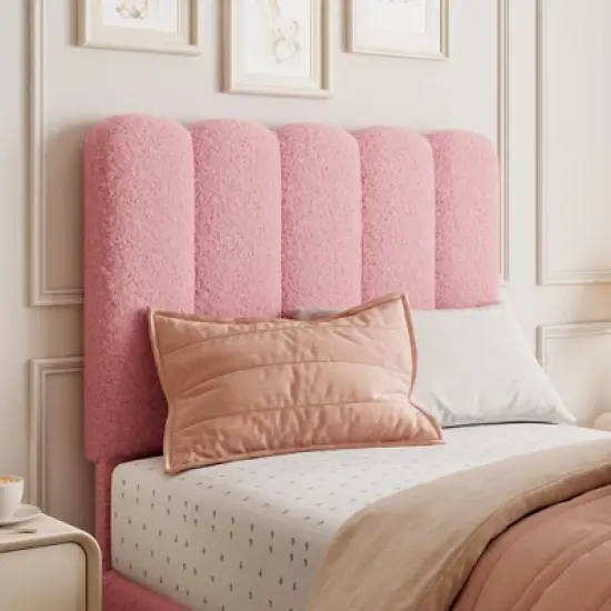 2 Sets Twin Bed Frame with Under-Bed Drawer, Boucle Upholstered Platform Bed with Wave Headboard, Wooden Slats Support, No Box Spring Needed, Pink image {3}