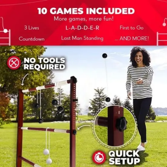 SWOOC Games - Premium Wooden Ladder Ball Game Set (Weather Resistant) - 10 Games Included & Carrying Case - Easy, No Tool Assembly - Ladder Toss image {2}