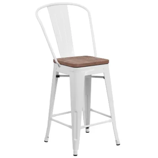 Merrick Lane Metal Dining Stool with Curved Slatted Back and Textured Wood Seat image {16}