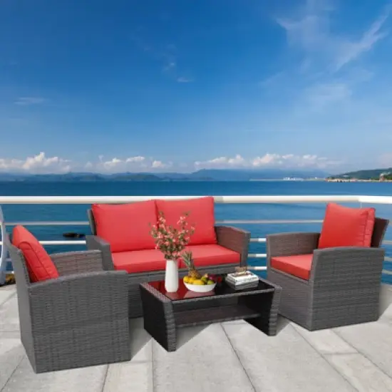 Tangkula 4-Piece Rattan Wicker Patio Outdoor Furniture Sofa Set with Cushions & Tempered Glass Table image {2}