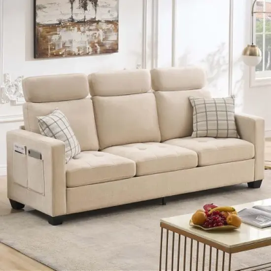 3 Seat Sofa Couch, 89'' Chenille Fabric Upholstered Sofa with Wide Armrest and Removable Headrest, Comfy Couches with Side Storage Pockets image {8}