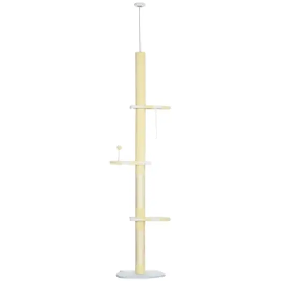 PawHut 4-Tier Tall Cat Tower, Floor to Ceiling Cat Tree, Height Adjustable 87 - 103 Inch with Plush Platforms, Sisal Scratching Posts, Ball, Yellow image {3}